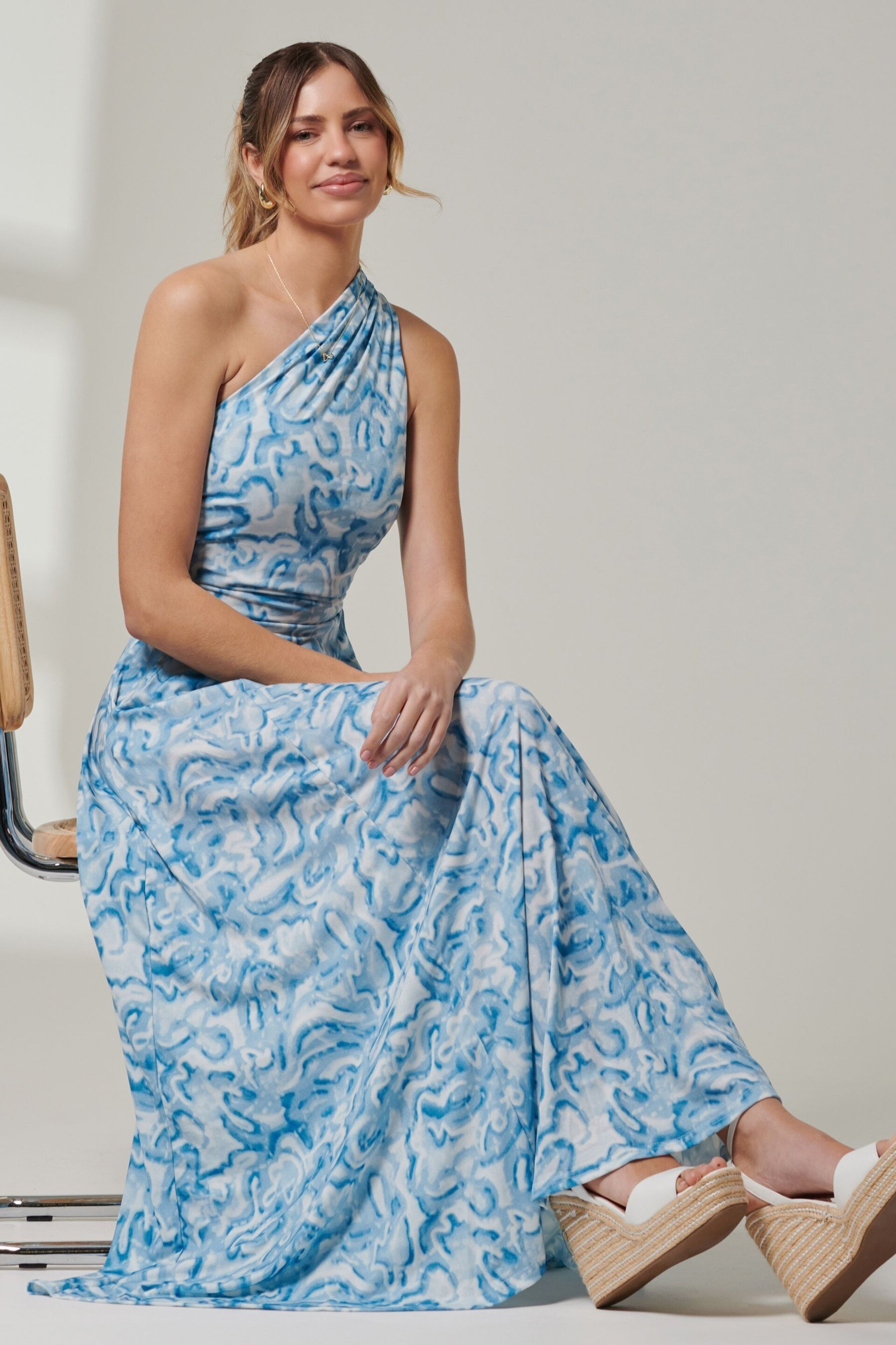 Jolie Moi Blue Abstract Ruched Waist Jersey Maxi Dress - Image 6 of 6