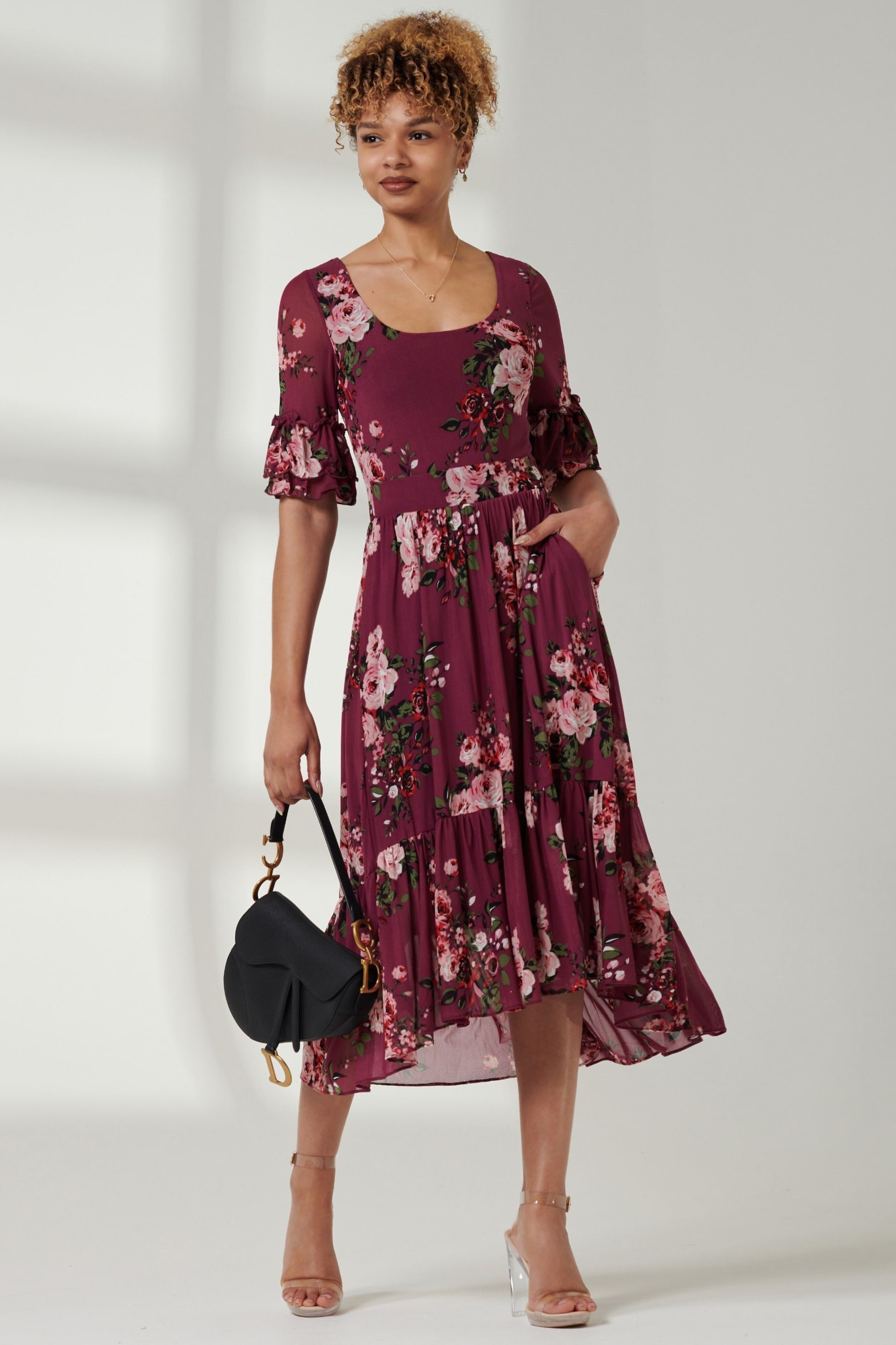Jolie Moi Purple Tiered Hem Midi Mesh Dress - Image 5 of 6