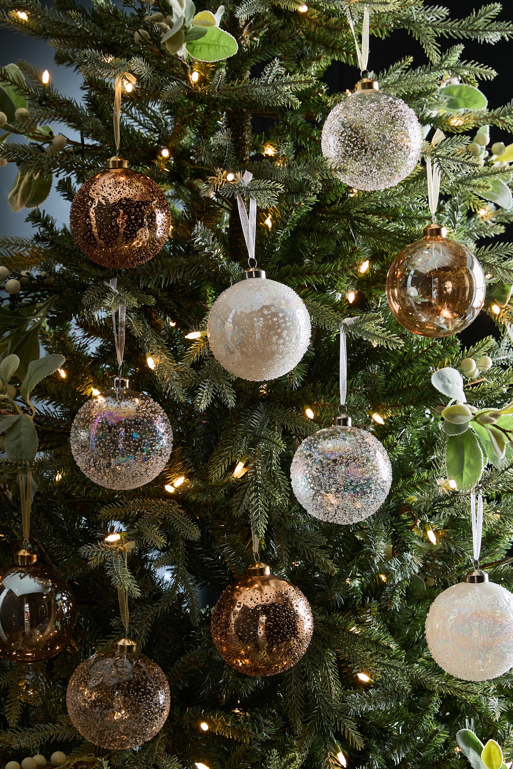Set of 10 White and Gold Glass Baubles
