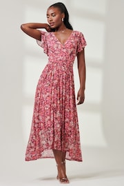 Jolie Moi Pink Wrap Dip Hem Mesh Maxi Dress - Image 1 of 6