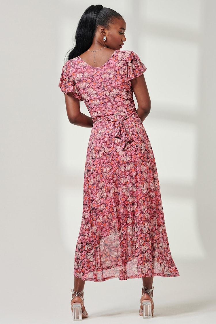 Jolie Moi Pink Wrap Dip Hem Mesh Maxi Dress - Image 2 of 6