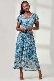Jolie Moi Blue Wrap Dip Hem Mesh Maxi Dress - Image 1 of 6