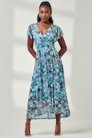 Jolie Moi Blue Wrap Dip Hem Mesh Maxi Dress - Image 4 of 6