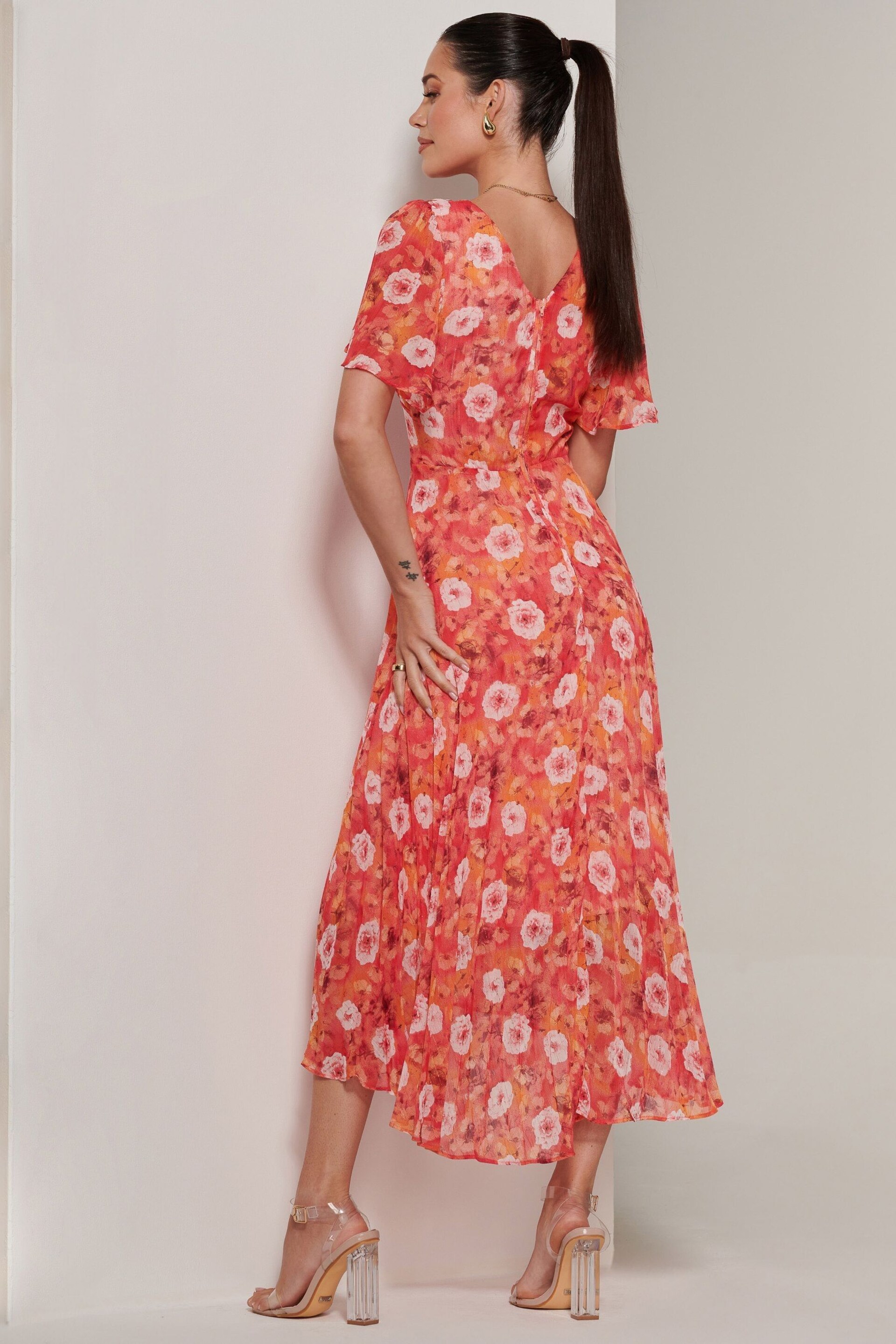Jolie Moi Orange Floral Pleated Dip Hem Chiffon Maxi Dress - Image 2 of 6