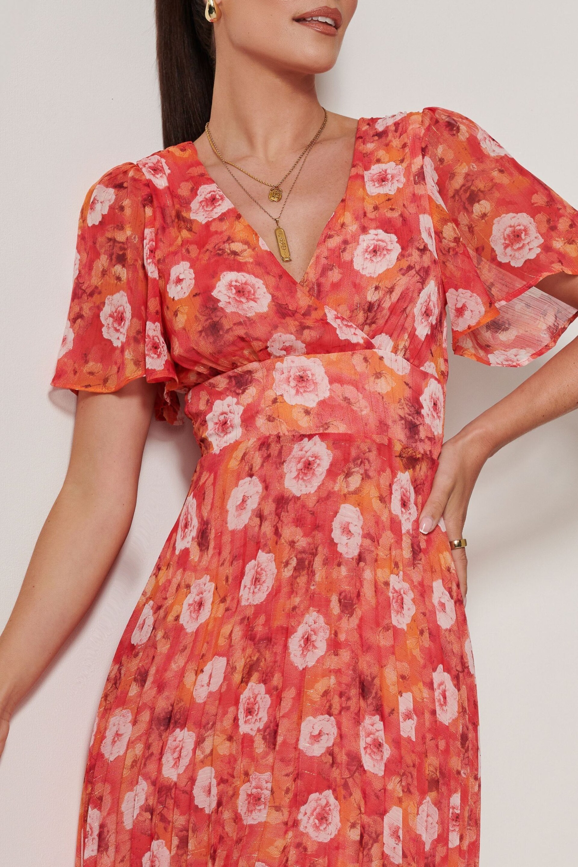 Jolie Moi Orange Floral Pleated Dip Hem Chiffon Maxi Dress - Image 3 of 6