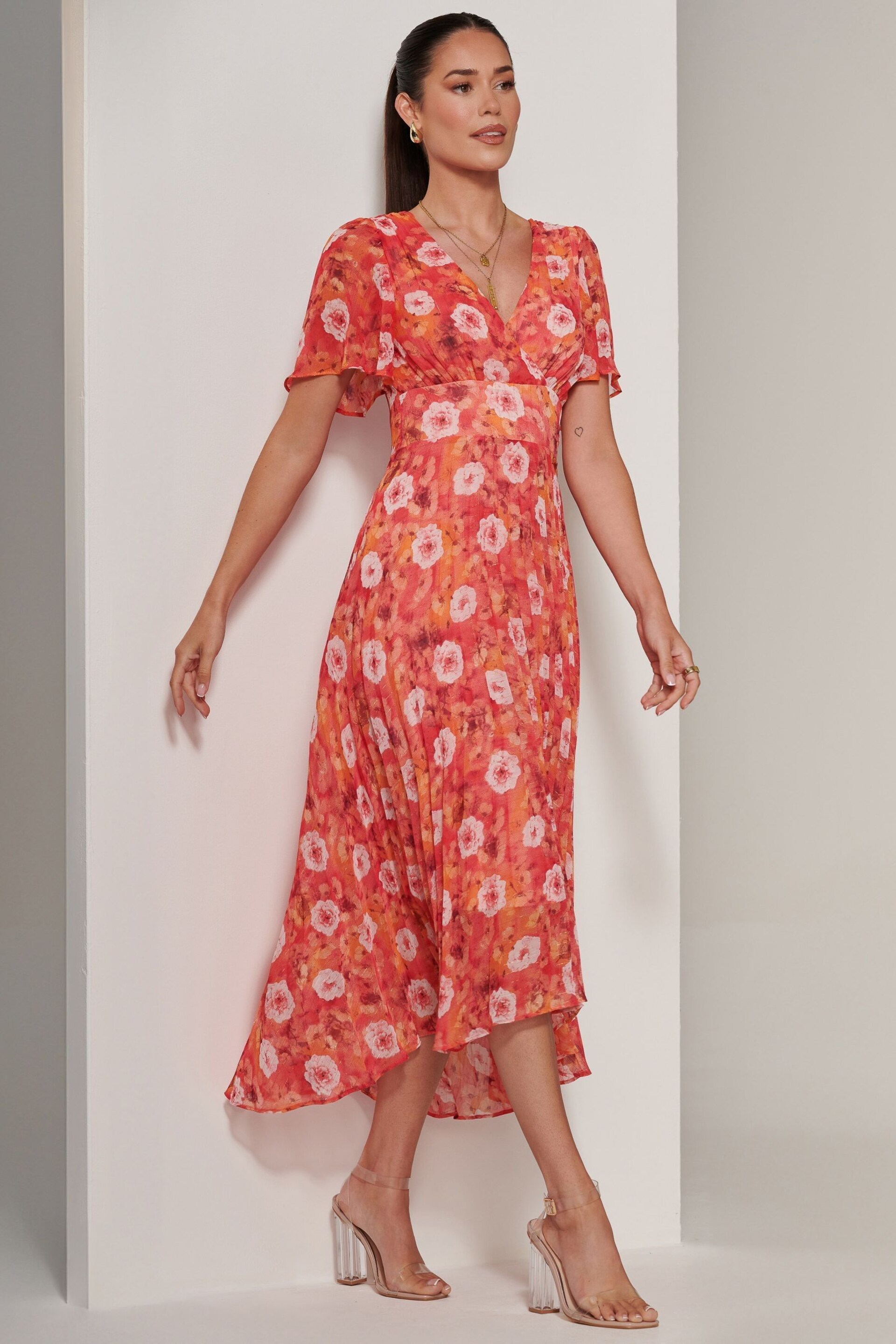 Jolie Moi Orange Floral Pleated Dip Hem Chiffon Maxi Dress - Image 4 of 6