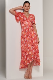 Jolie Moi Orange Floral Pleated Dip Hem Chiffon Maxi Dress - Image 5 of 6