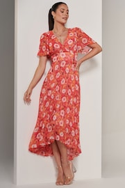 Jolie Moi Orange Pleated Dip Hem Chiffon Midaxi Dress - Image 6 of 6