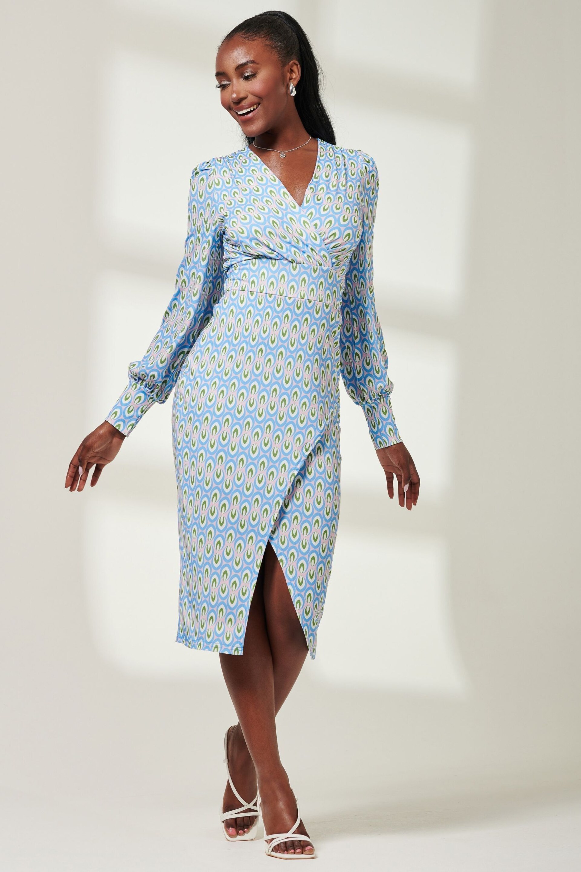 Jolie Moi Blue Print Long Sleeve Jersey Pencil Dress - Image 5 of 6