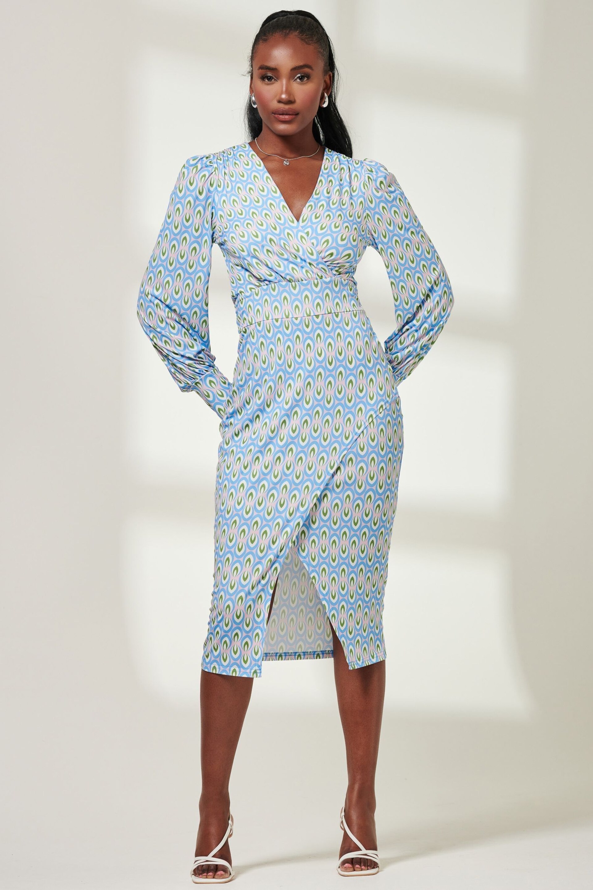 Jolie Moi Blue Print Long Sleeve Jersey Pencil Dress - Image 6 of 6