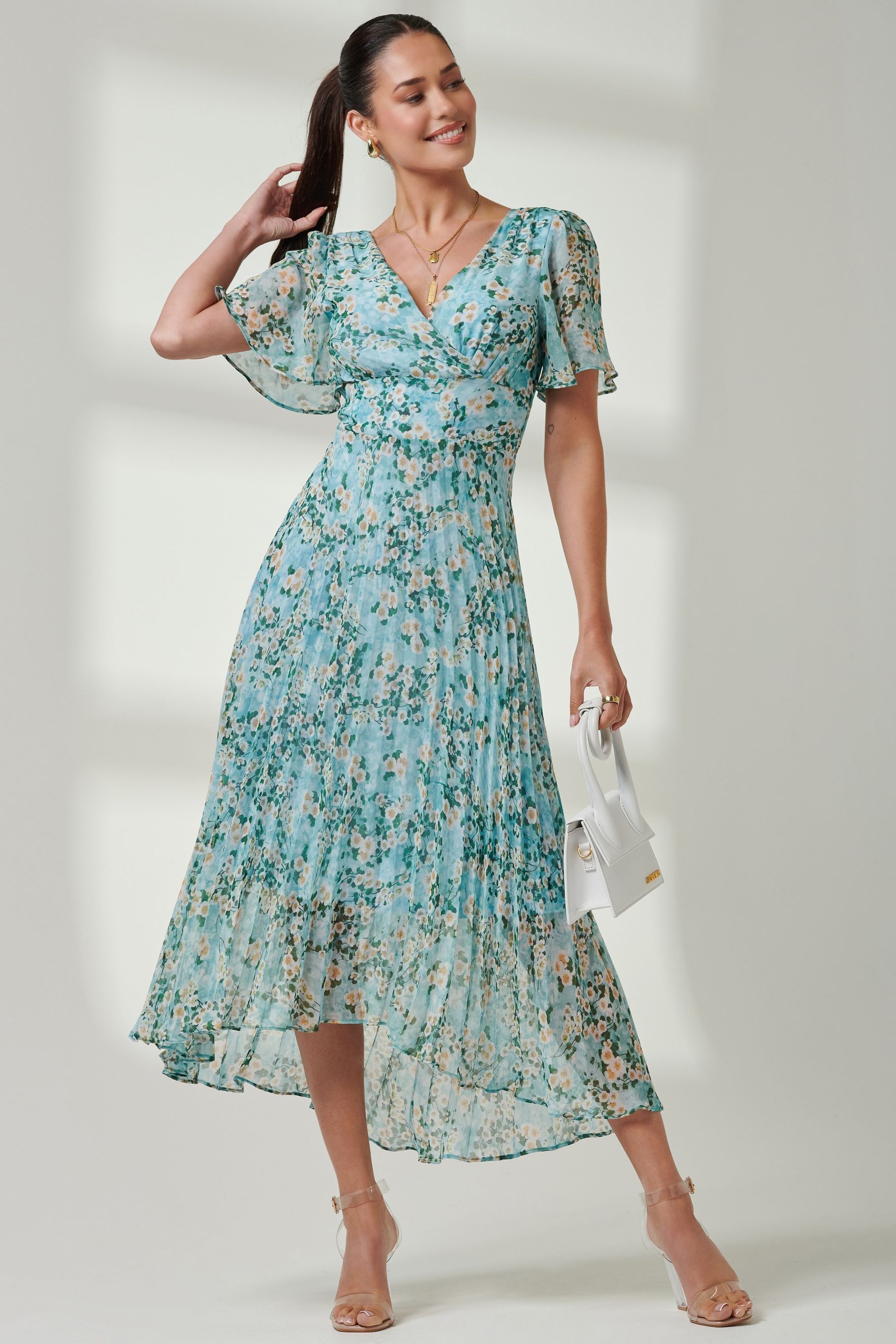 Buy Jolie Moi Blue Floral Ditsy Pleated Dip Hem Chiffon Maxi Dress from the Next UK online shop