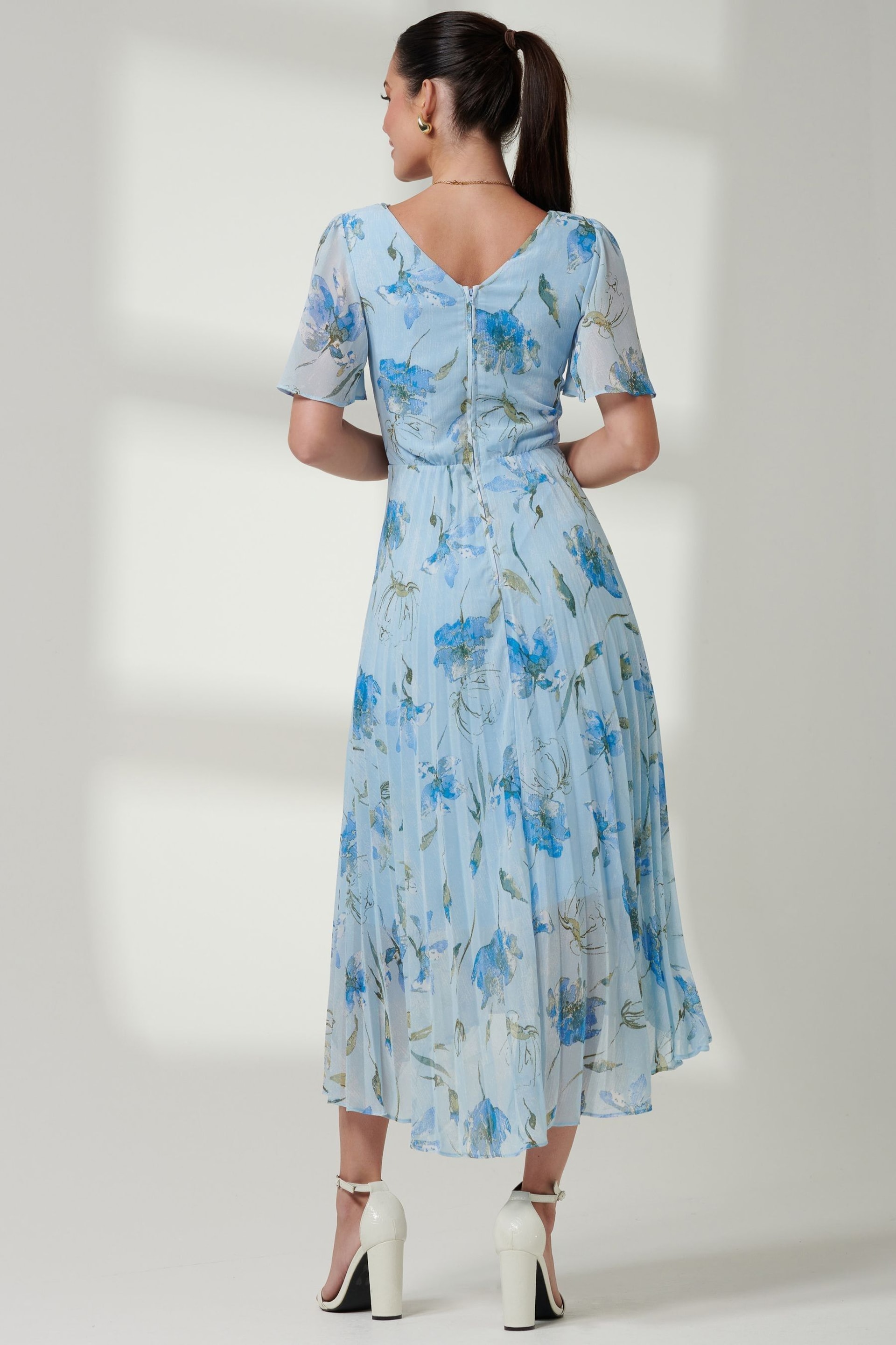 Jolie Moi Blue Pleated Dip Hem Chiffon Maxi Dress - Image 2 of 6