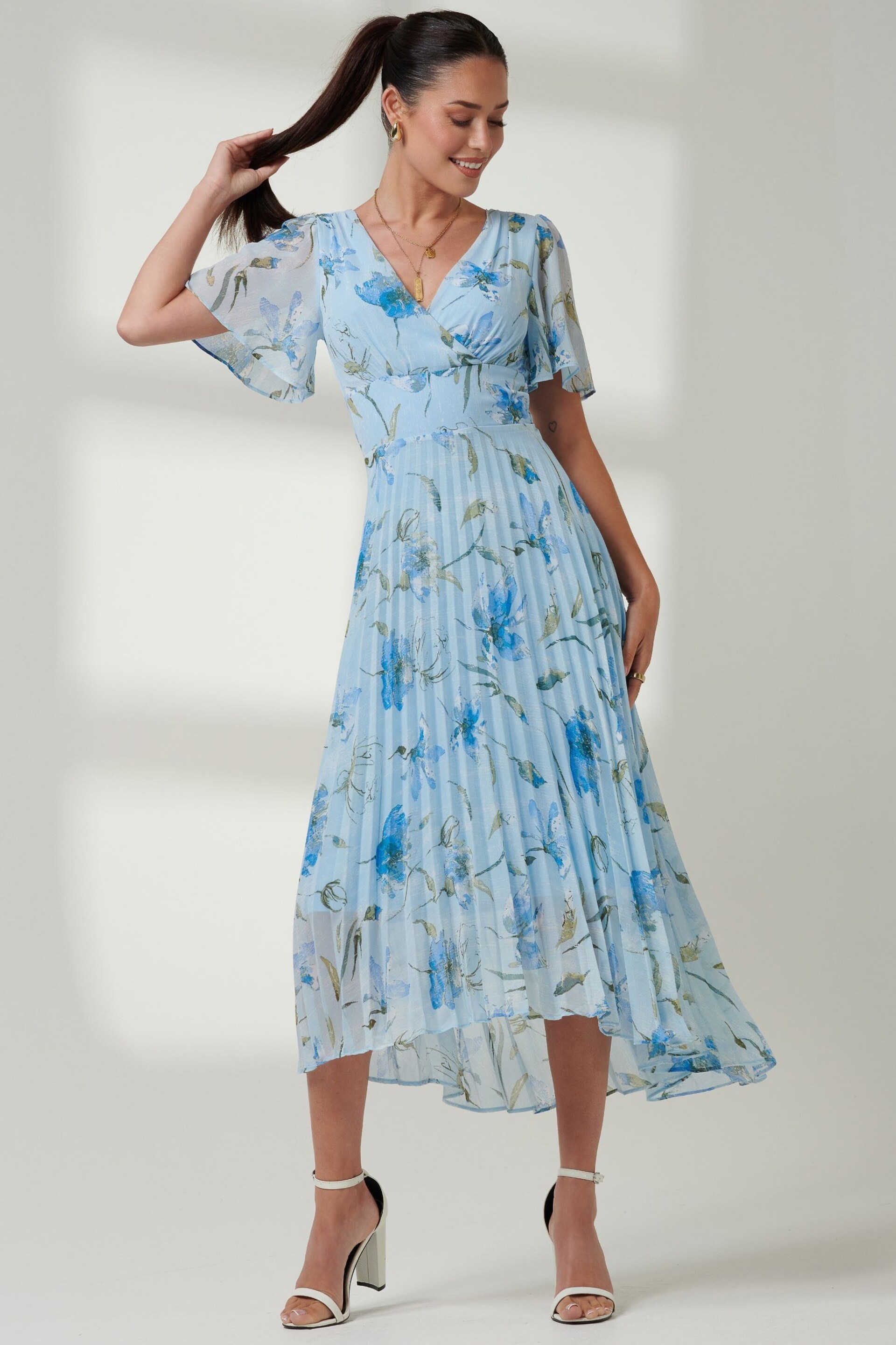 Jolie Moi Blue Pleated Dip Hem Chiffon Maxi Dress - Image 5 of 6