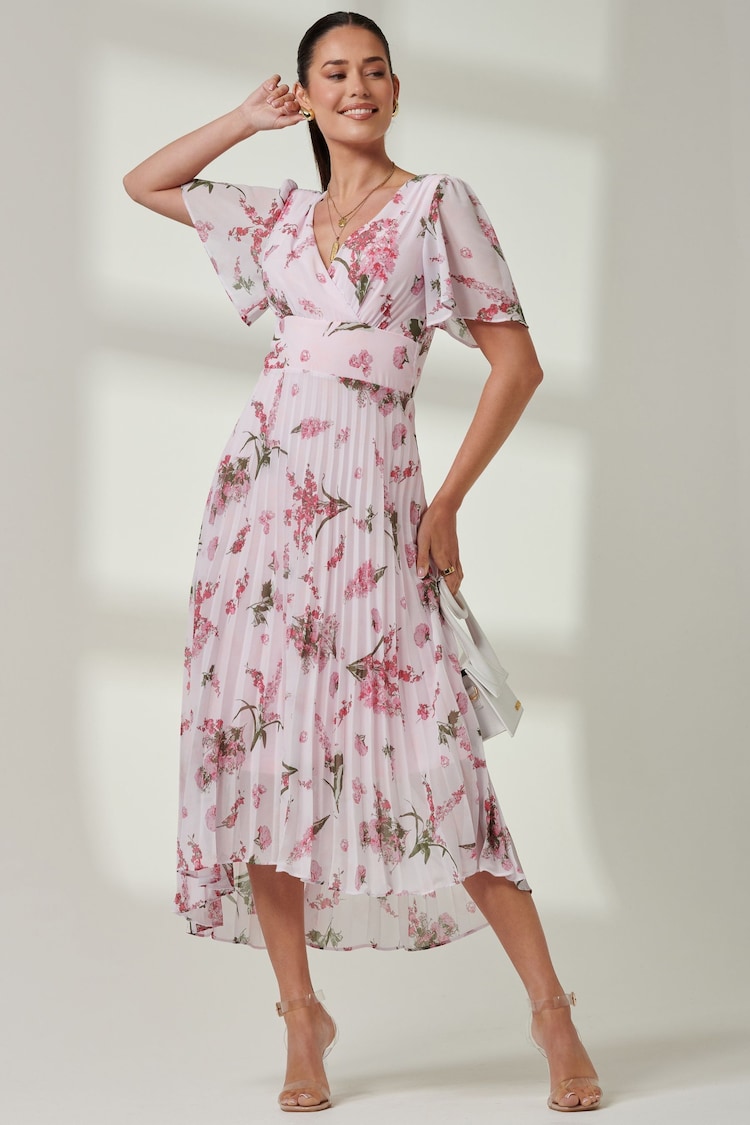 Jolie Moi Light Pink Floral Pleated Dip Hem Chiffon Maxi Dress - Image 1 of 5