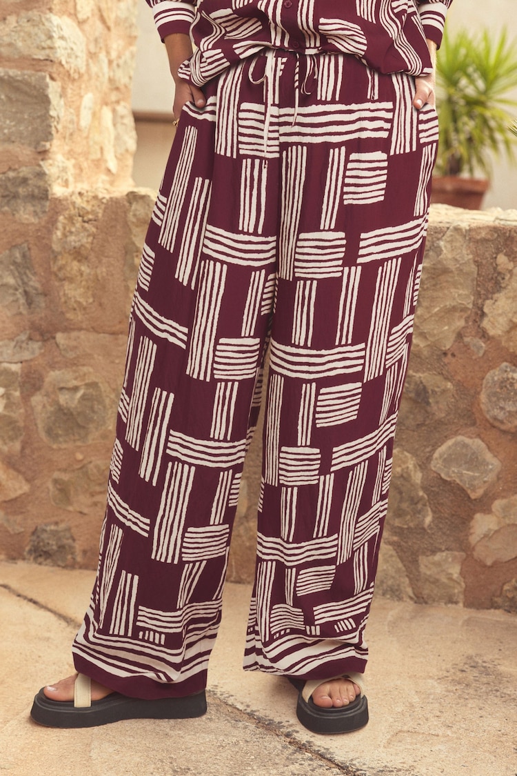 Berry Red/White Geometric Print Drawstring Wide Leg Trousers - Image 2 of 6