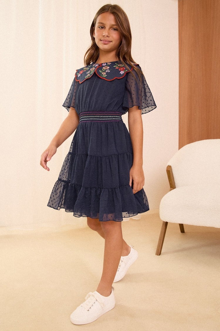 Love & Roses Blue Embrodiered Collar Dress (5-16yrs) - Image 2 of 4