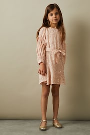 Reiss Pink Allie Junior Metallic Jacquard Print Puff Sleeve Dress - Image 1 of 5