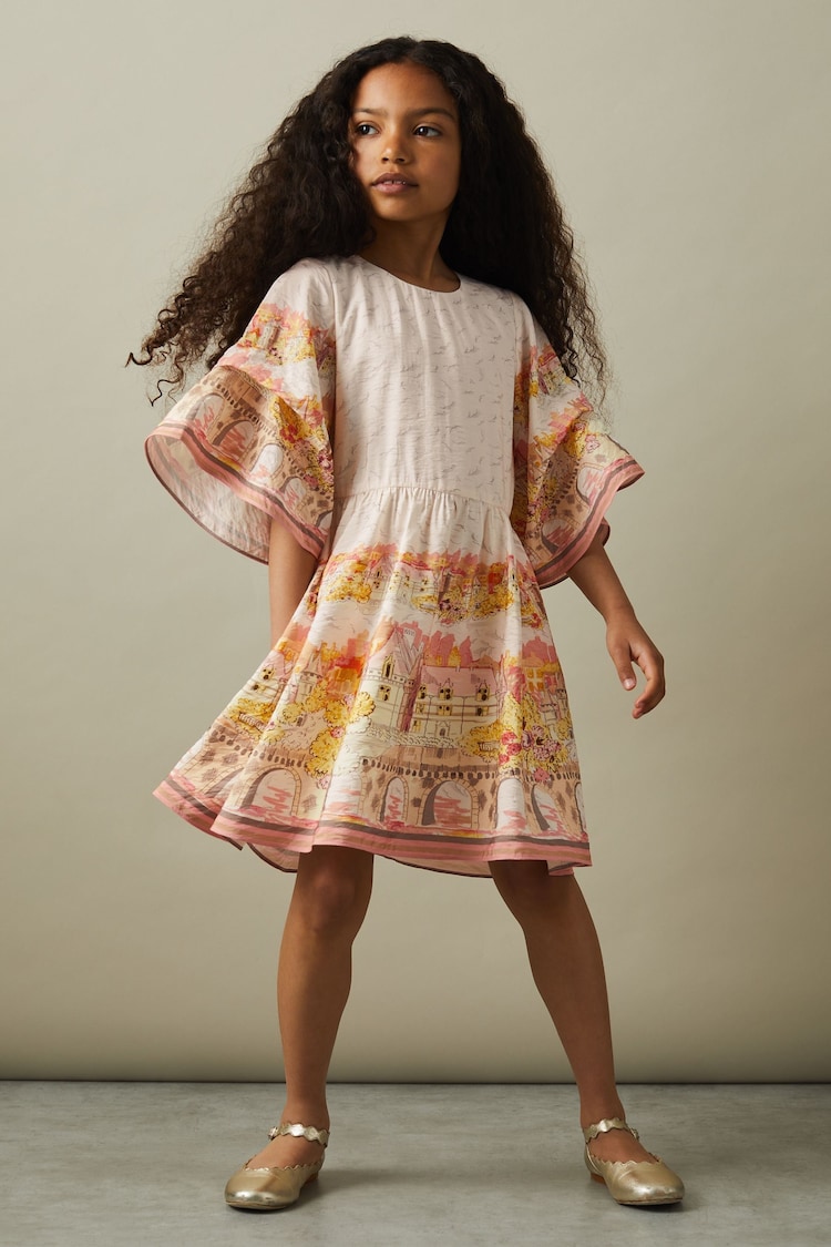 Reiss Pink Print Angie 4-9 yrs Placement Print Flare Sleeve Dress - Image 1 of 4