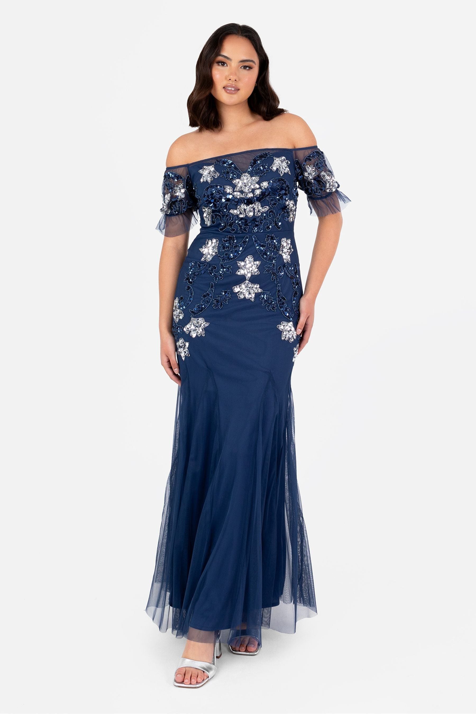 Buy Maya Blue Floral Embellished Bardot Puff Sleeve Maxi Dress from Next Australia