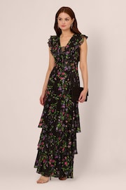 Adrianna Papell Flutter Tiered Chiffon Black Gown - Image 3 of 7