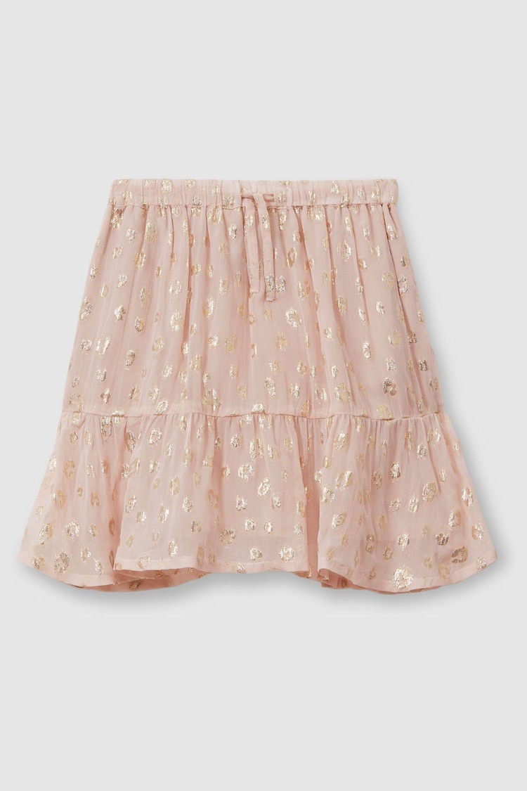 Reiss Pink Ellen Teen Metallic Print Flounced Hem Skirt - Image 1 of 4