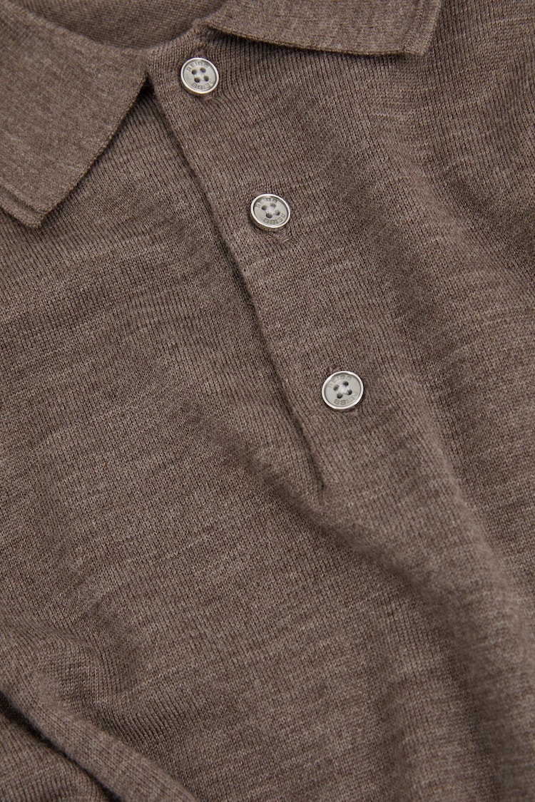 Reiss Dark Brown Melange Trafford Merino Wool Polo Shirt - Image 5 of 5