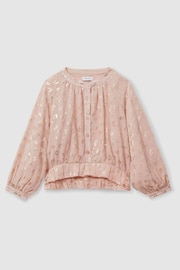 Reiss Pink Ellen Teen Metallic Print Puff Sleeve Ruffle Top - Image 1 of 4