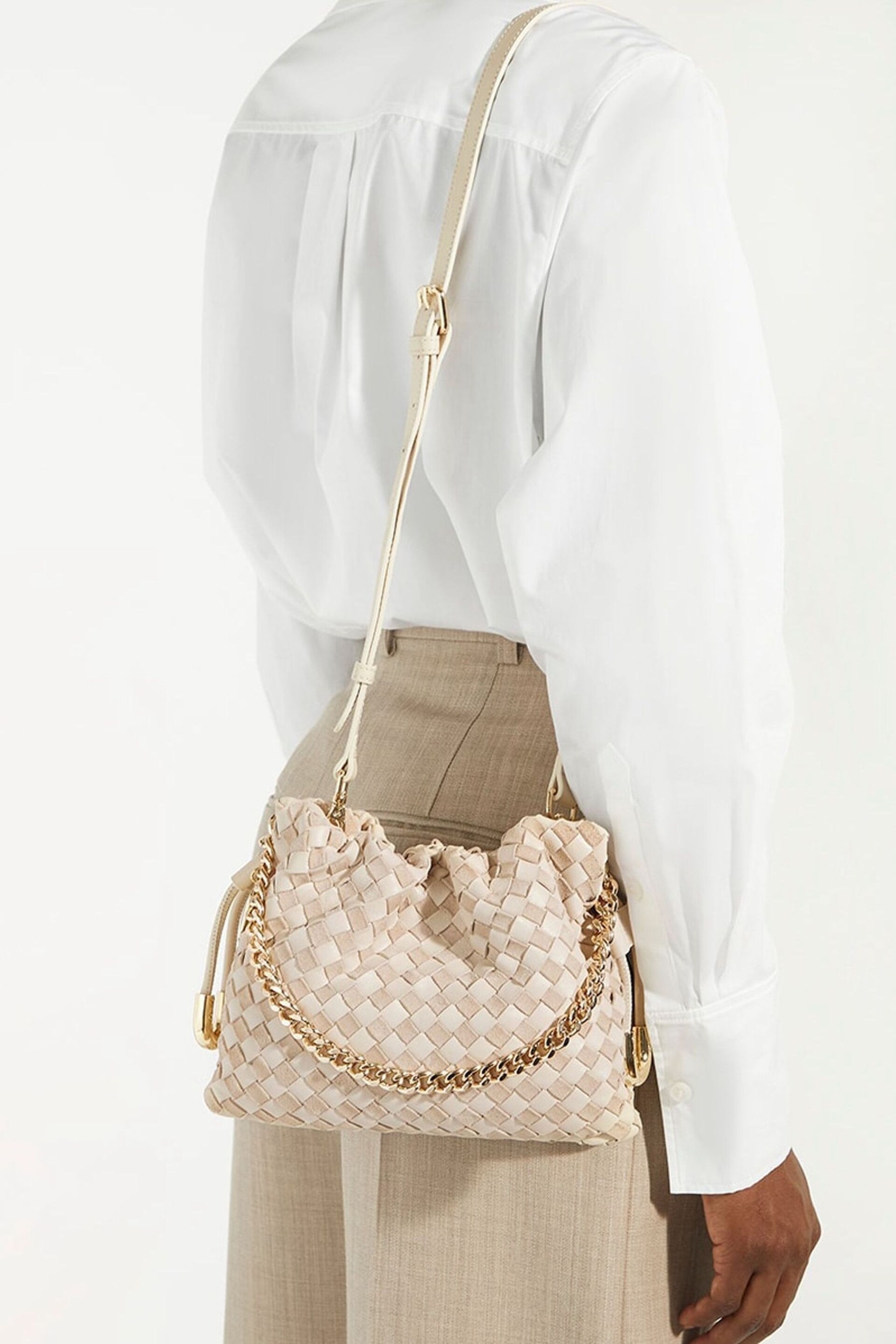 Dune London Cream Primrose Small Woven Drawstring Leather Bag - Image 1 of 5