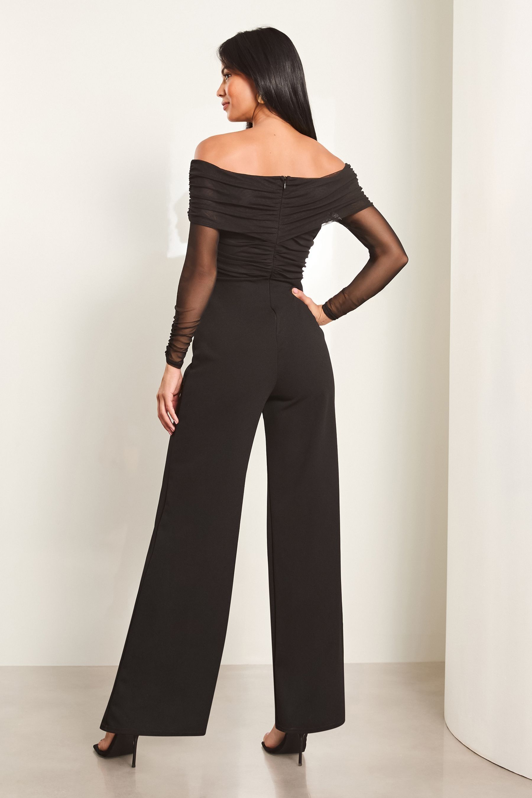 Buy Lipsy Black Mesh Bardot Long Sleeve Wide Leg Jumpsuit from the Next UK online shop