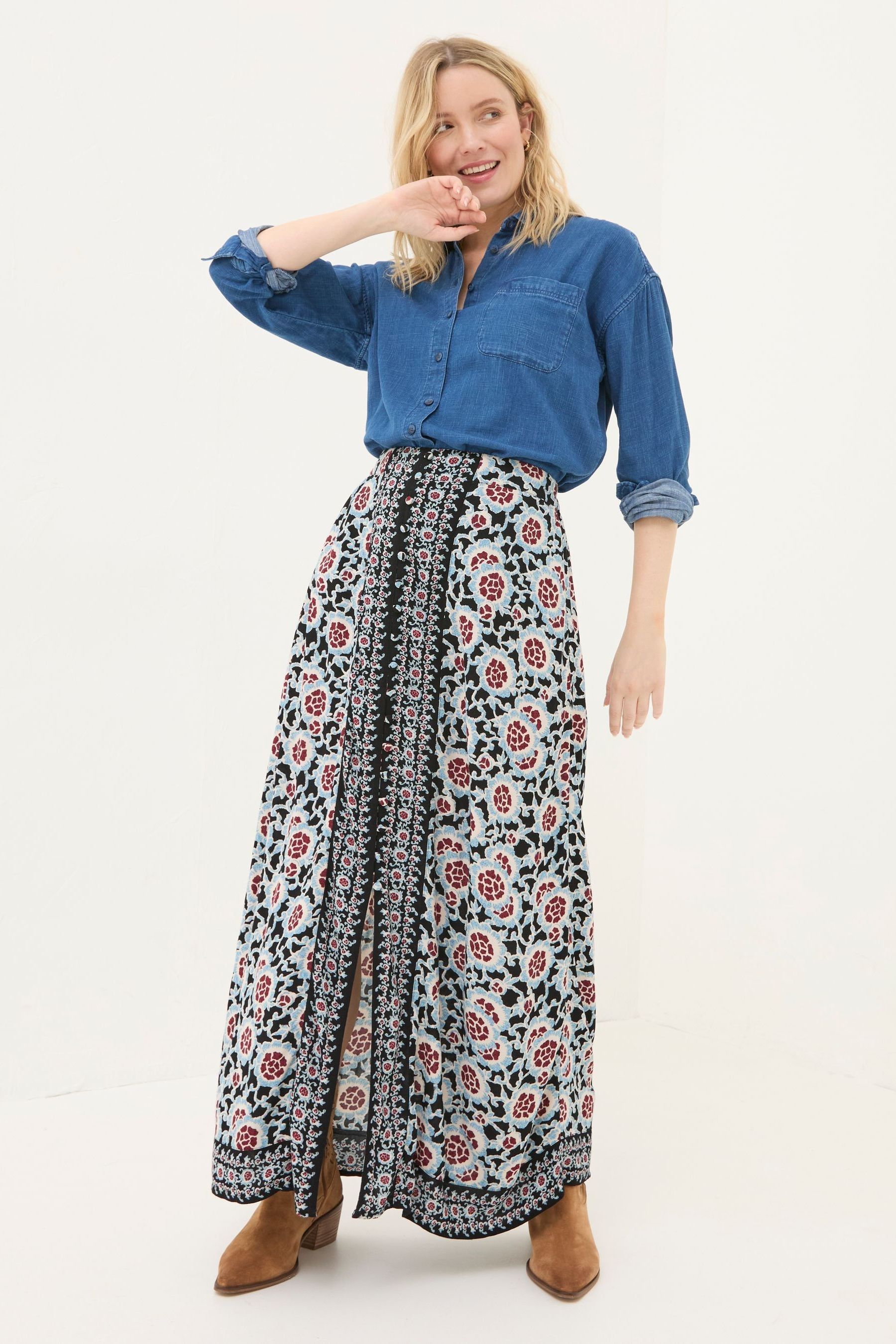 FatFace Arabella Black Wild Floral Midi Skirt