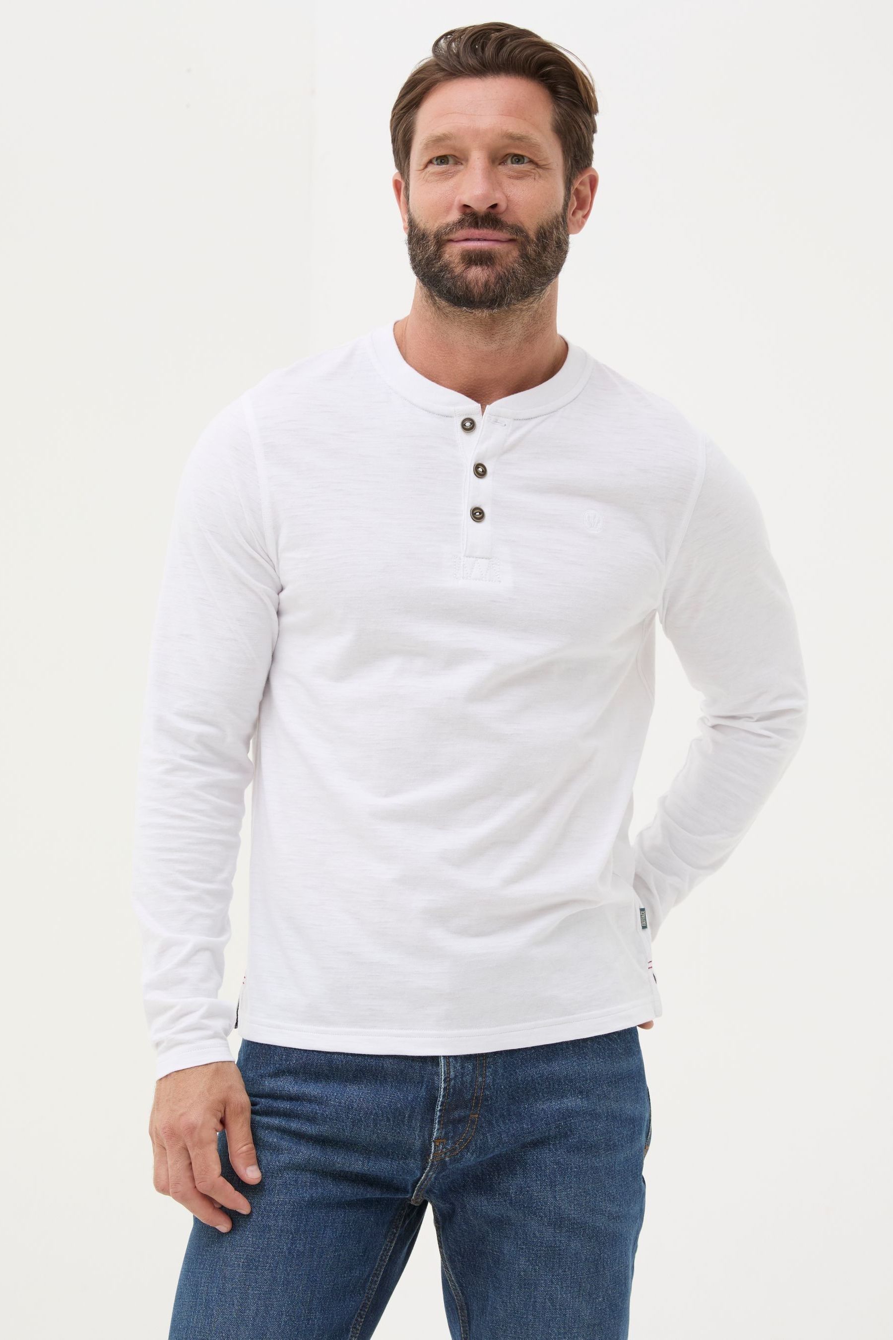 FatFace Woodside White Long Sleeve Henley T Shirt