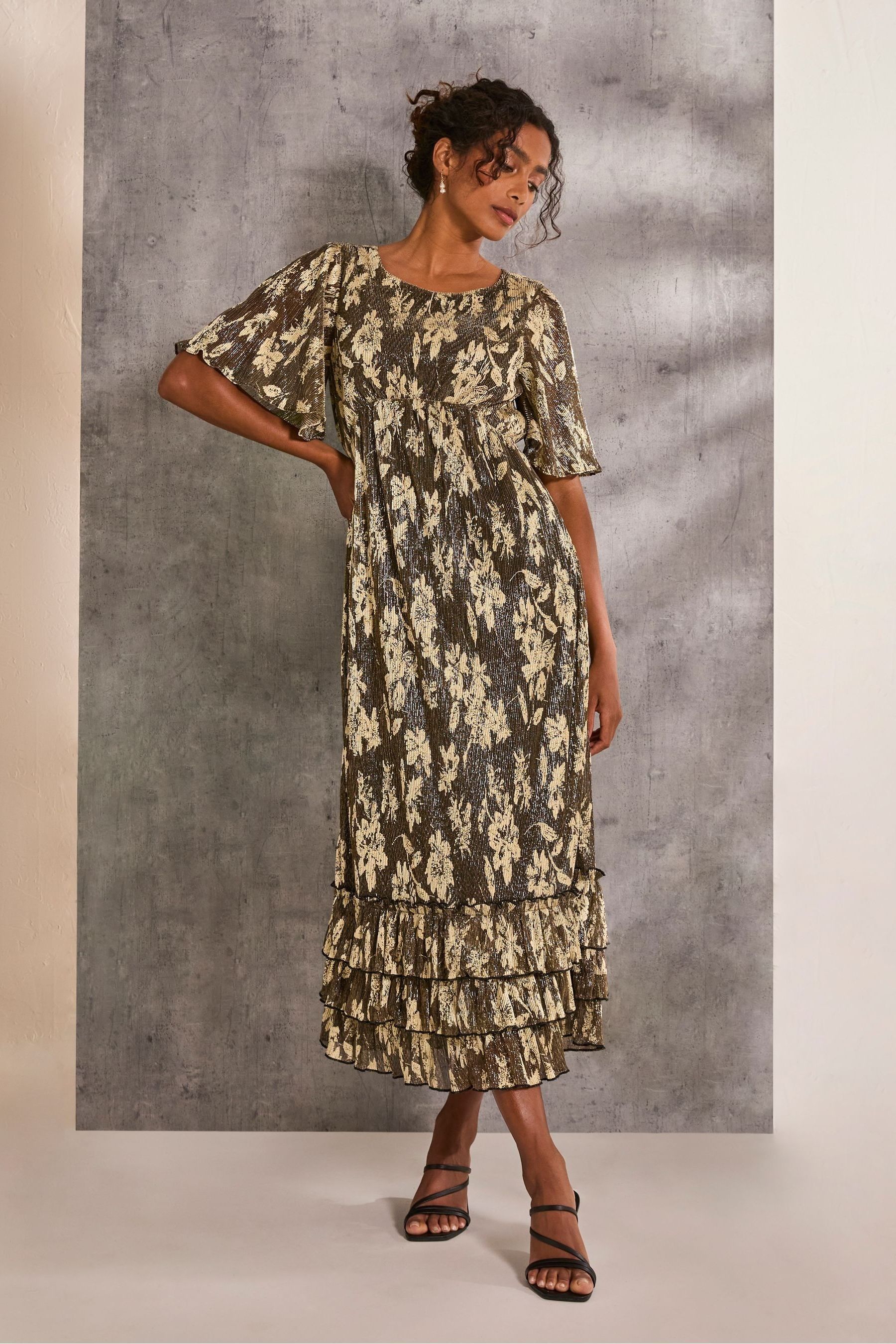 Buy FatFace Lucia Gold Foil Plisse Maxi Dress from Next Luxembourg