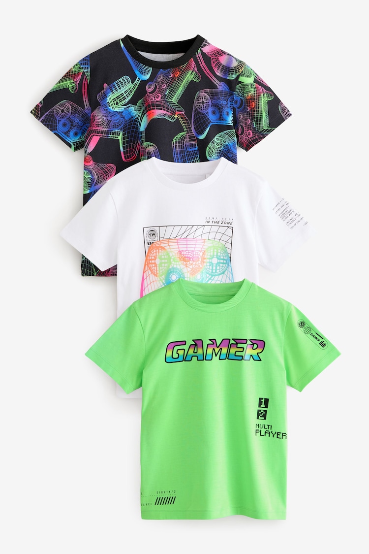 Buy Black/White/Fluro Green Gamer Regular Fit Graphic Short Sleeve T