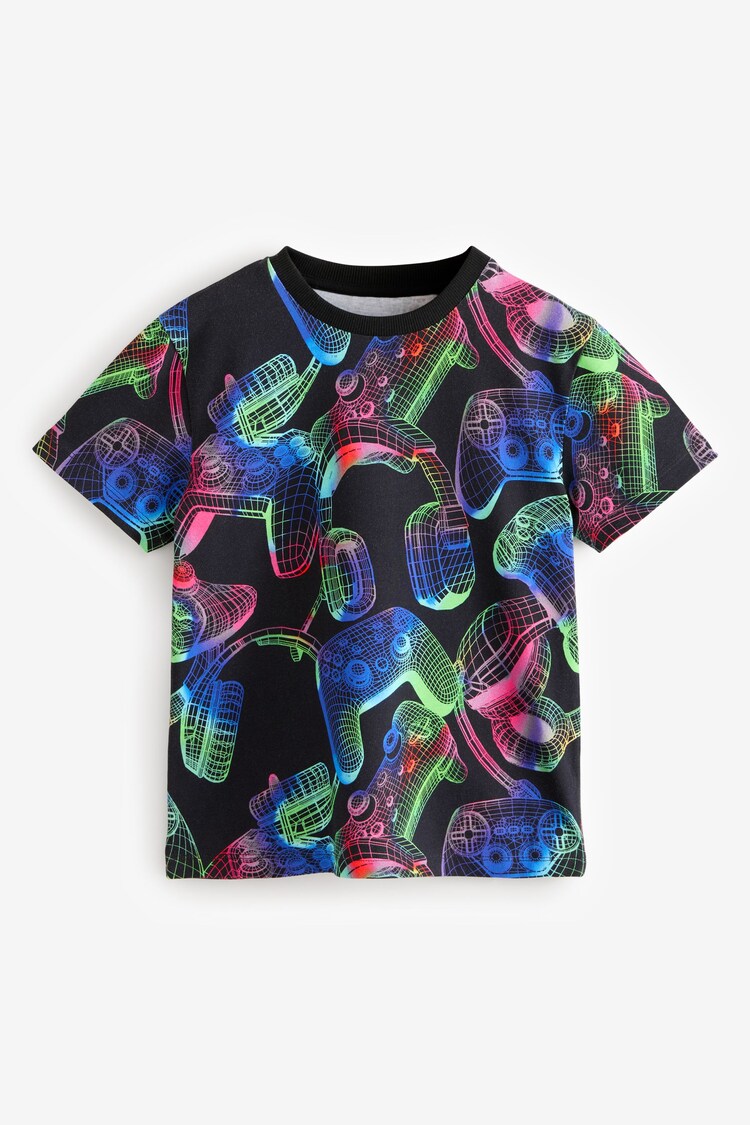 Buy Black/White/Fluro Green Gamer Regular Fit Graphic Short Sleeve T