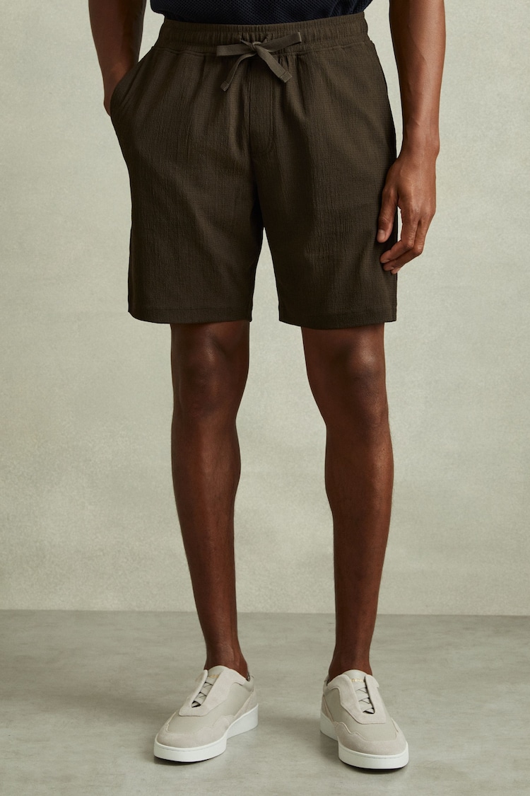 Reiss Dark Olive Green Riad Textured Drawstring Shorts - Image 1 of 6