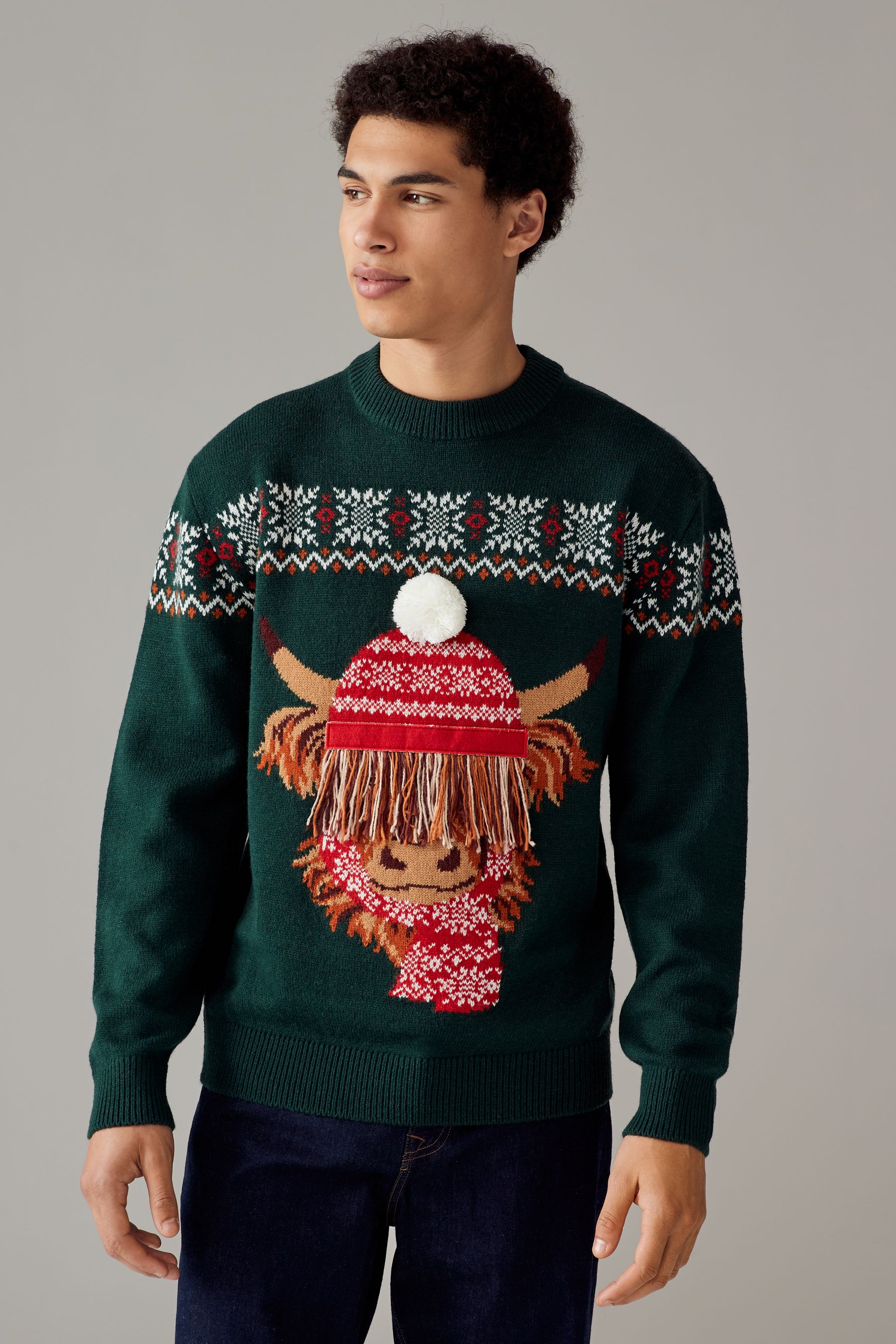 Buy Dark Green Matching Family Mens Christmas Hamish The Highland Cow Jumper from the Next UK online shop