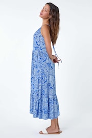 Roman Blue Paisley Gathered Neckline Midi Stretch Dress - Image 2 of 5