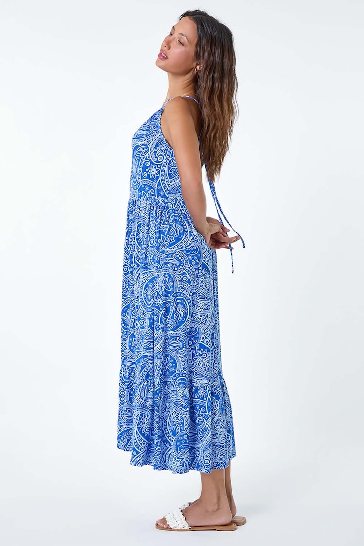 Roman Blue Paisley Gathered Neckline Midi Stretch Dress - Image 2 of 5