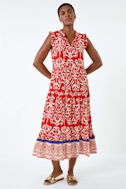 Roman Red Border Print Tie Detail Tiered Dress - Image 2 of 5