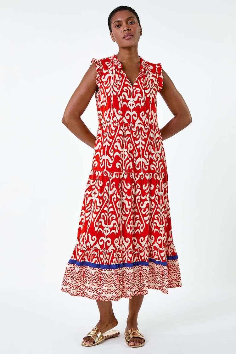 Roman Red Border Print Tie Detail Tiered Dress - Image 2 of 5