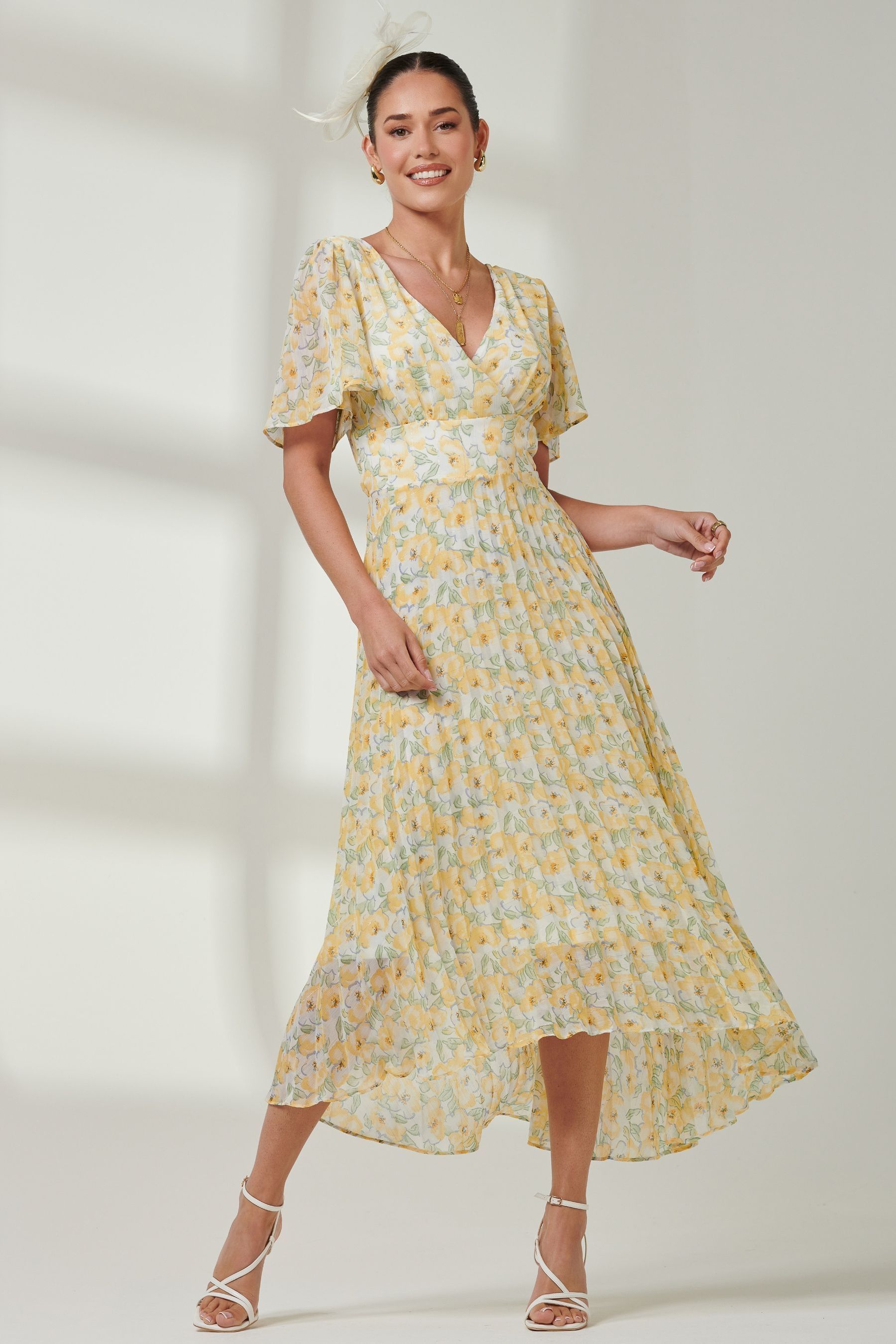 Jolie Moi Yellow Blue Floral Pleated Dip Hem Chiffon Maxi Dress 12 Womens