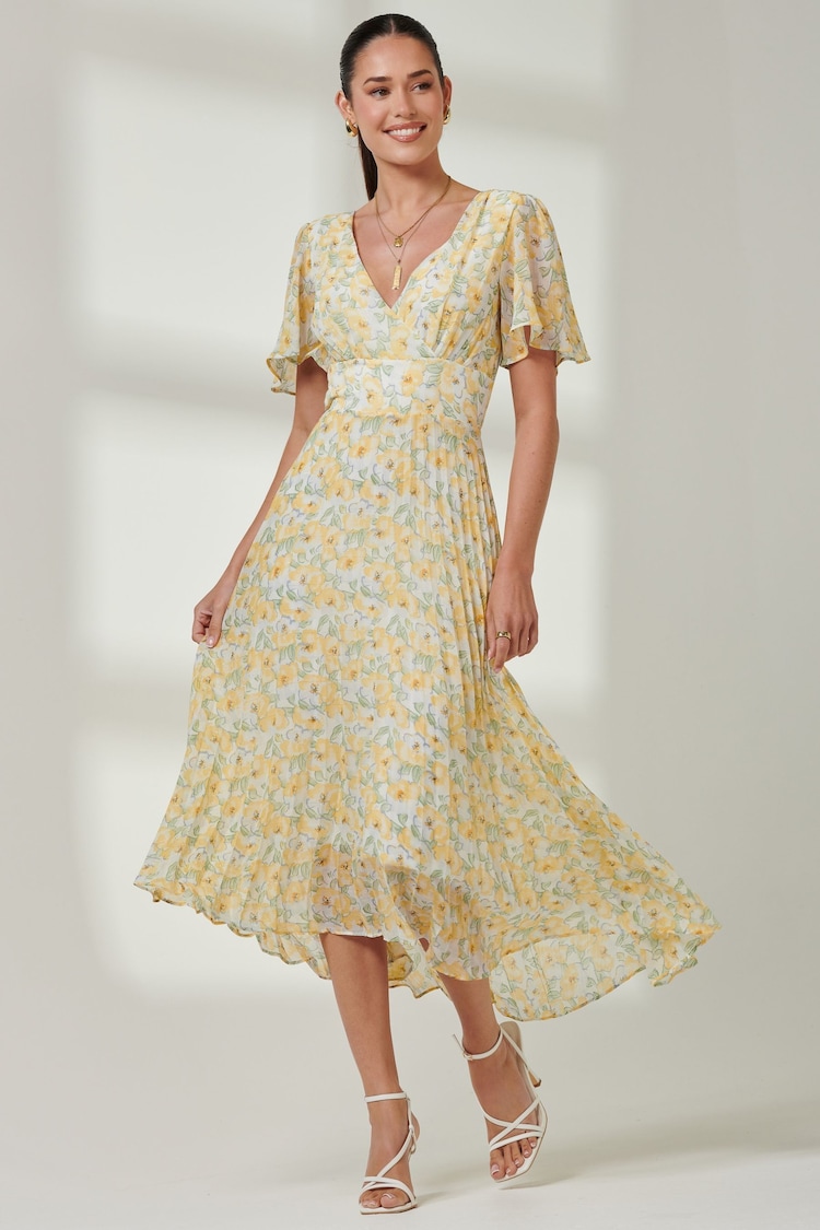 Jolie Moi Yellow & Blue Floral Pleated Dip Hem Chiffon Maxi Dress - Image 5 of 7
