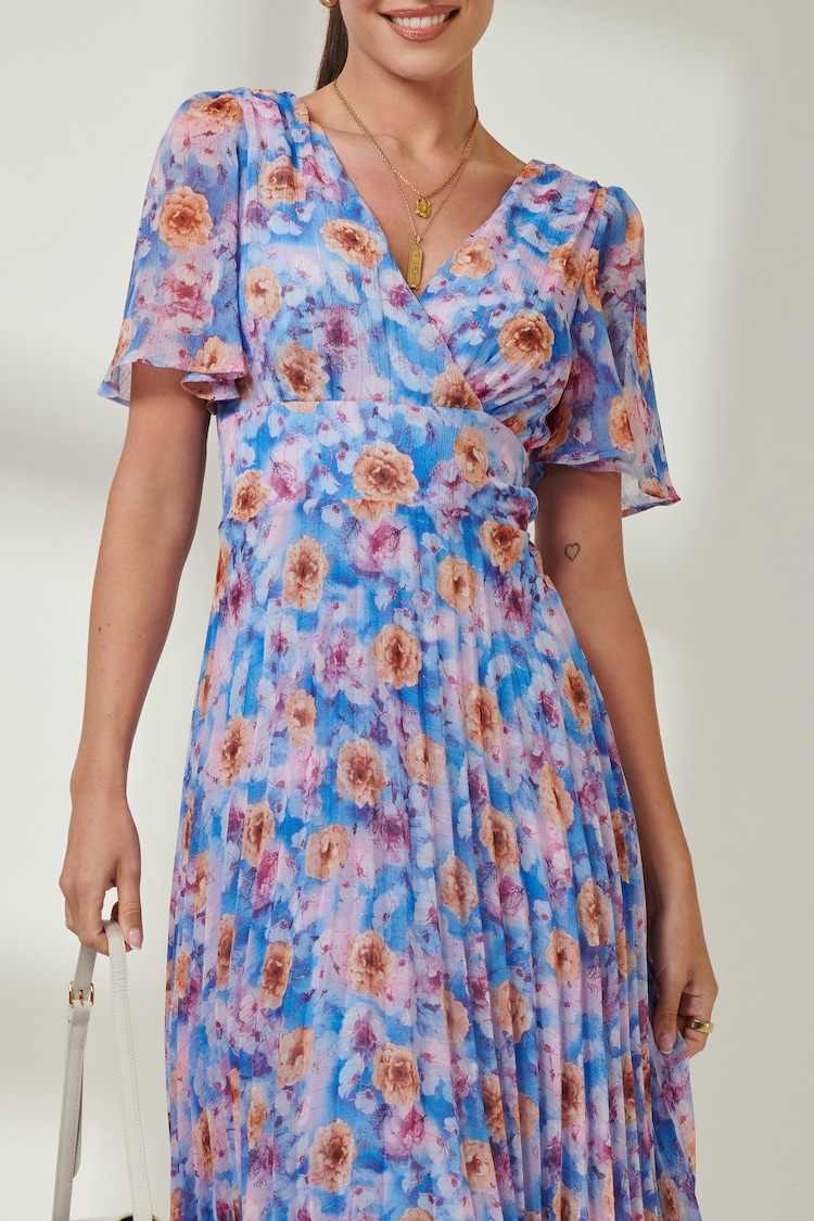 Jolie Moi Blue Multi Floral Pleated Dip Hem Chiffon Maxi Dress - Image 3 of 6