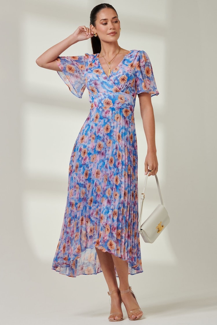 Jolie Moi Blue Multi Floral Pleated Dip Hem Chiffon Maxi Dress - Image 5 of 6