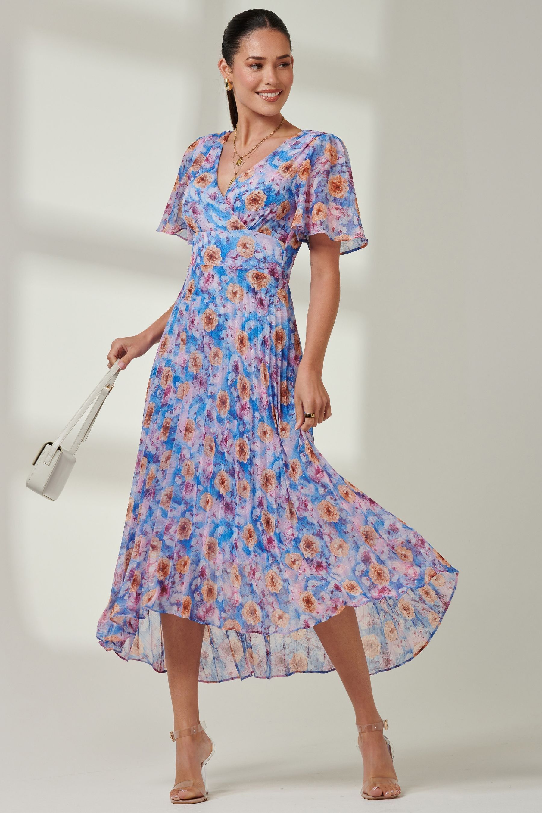 Buy Jolie Moi Blue Multi Floral Pleated Dip Hem Chiffon Maxi Dress from Next France