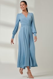 Jolie Moi Blue Wrap Bodice Super Smooth Jersey Maxi Dress - Image 4 of 6