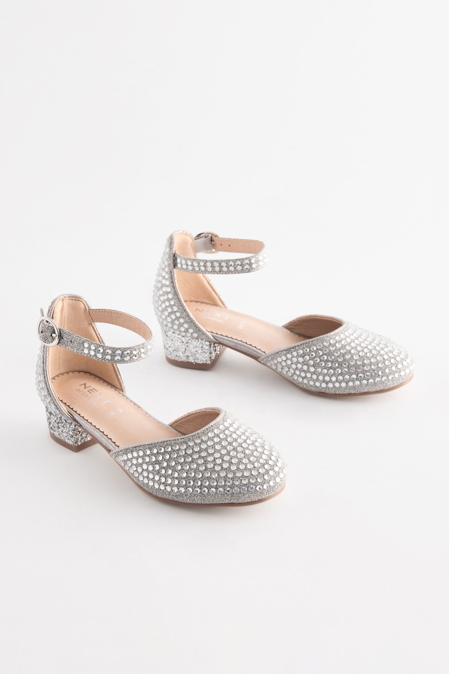 Silver Jewelled Occasion Ankle Strap Low Heel Shoes