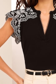 Lipsy Black Embroidered Shoulder Jersey Ruffle Blouse - Image 3 of 4