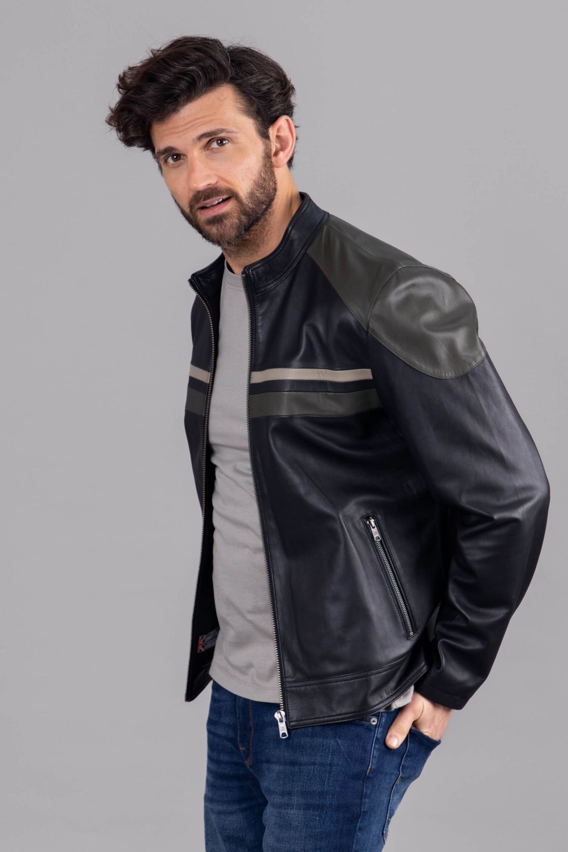 Lakeland Leather Black Bowcroft Contrast Stripe Leather Jacket - Image 5 of 7