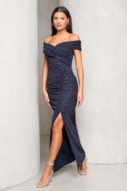 Lipsy Navy Blue Petite Bardot Glitter Mesh Maxi Dress Puma - Image 3 of 4